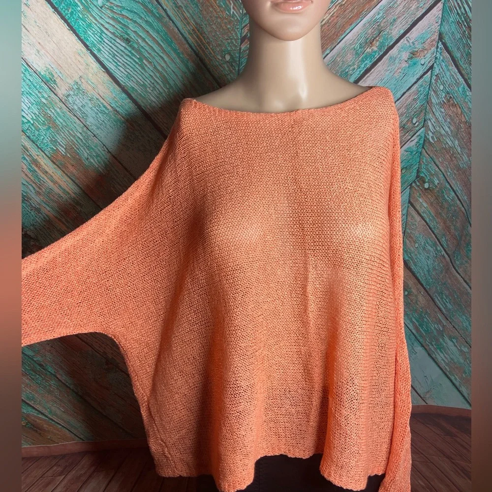 Eileen Fisher Orange Sherbet Sheer Linen Blend Open Weave Sweater - Picture 2 of 8